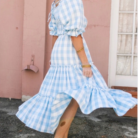 Ivy City Co Mia Blue Cotton Gingham Midi Dress Smocked Puff Sleeve New Size XXS - Picture 2 of 14